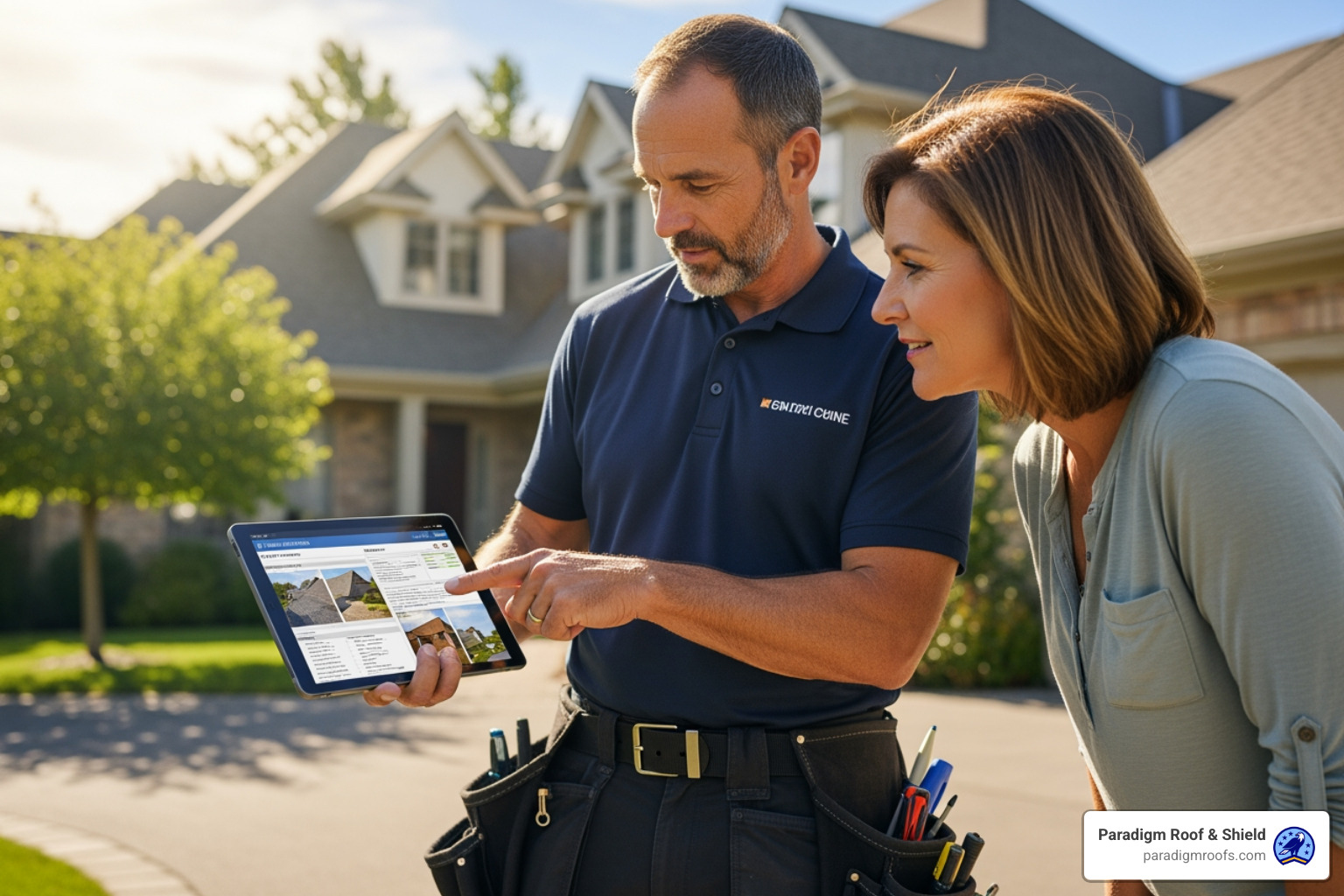 Professional roofer discussing an inspection report with a homeowner on a tablet - local roofers houston Professional roofer discussing an inspection report with a homeowner on a tablet - local roofers houston