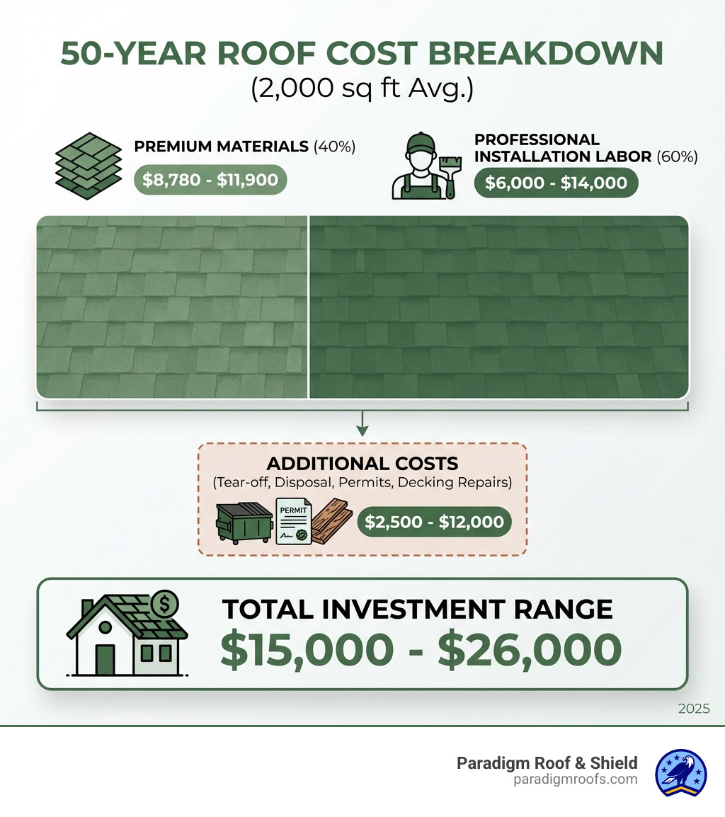Infographic showing cost breakdown: Premium 50-Year Shingles Material Costs 40% ($8,780-$11,900), Professional Installation Labor 60% ($6,000-$14,000), Additional Costs including tear-off disposal permits and decking repairs ($2,500-$12,000), Total Investment Range $15,000-$26,000 for average 2,000 sq ft roof - 50 year roof shingle cost material and labor cost calculator infographic Infographic showing cost breakdown: Premium 50-Year Shingles Material Costs 40% ($8,780-$11,900), Professional Installation Labor 60% ($6,000-$14,000), Additional Costs including tear-off disposal permits and decking repairs ($2,500-$12,000), Total Investment Range $15,000-$26,000 for average 2,000 sq ft roof - 50 year roof shingle cost material and labor cost calculator infographic