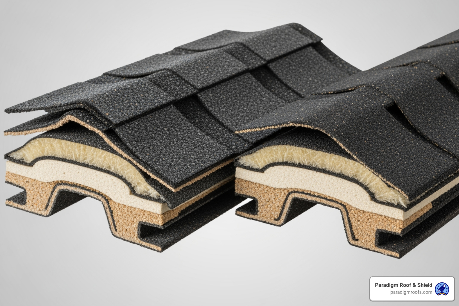 cross-section of thick architectural shingle vs thinner 3-tab shingle - 50 year roof material cross-section of thick architectural shingle vs thinner 3-tab shingle - 50 year roof material