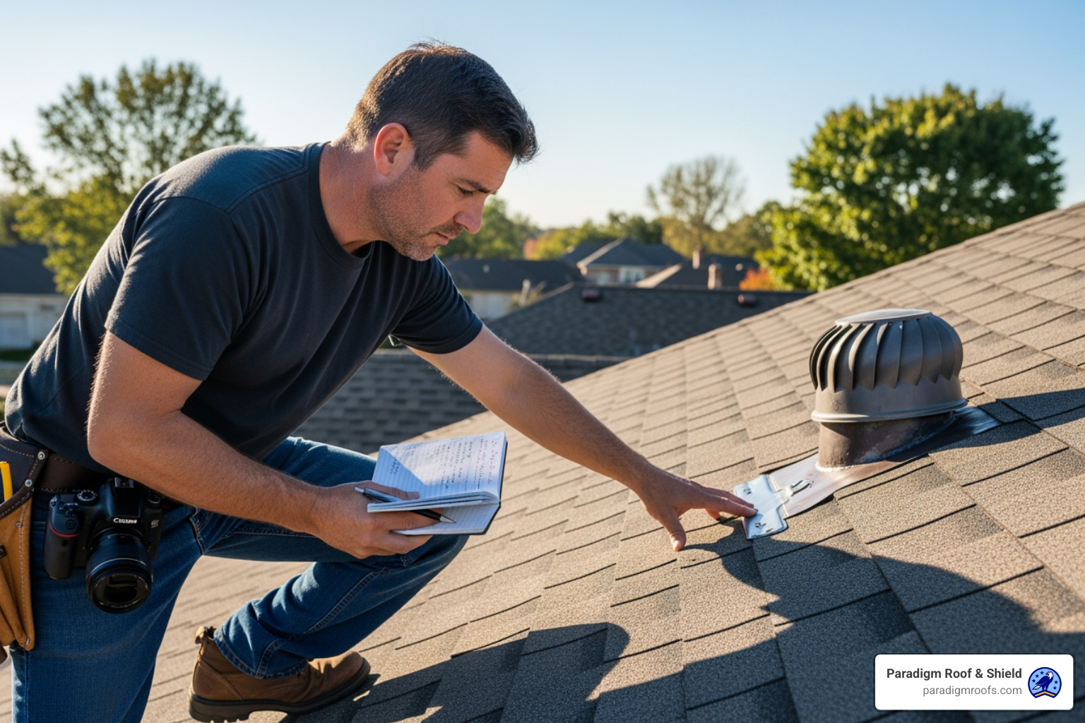 professional roofer performing roof inspection - 50 year roof material professional roofer performing roof inspection - 50 year roof material
