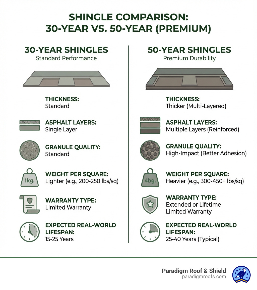 infographic comparing 30-year vs 50-year shingles showing thickness, asphalt layers, granule quality, weight per square, warranty type, and expected real-world lifespan - 50 year roof material infographic infographic comparing 30-year vs 50-year shingles showing thickness, asphalt layers, granule quality, weight per square, warranty type, and expected real-world lifespan - 50 year roof material infographic