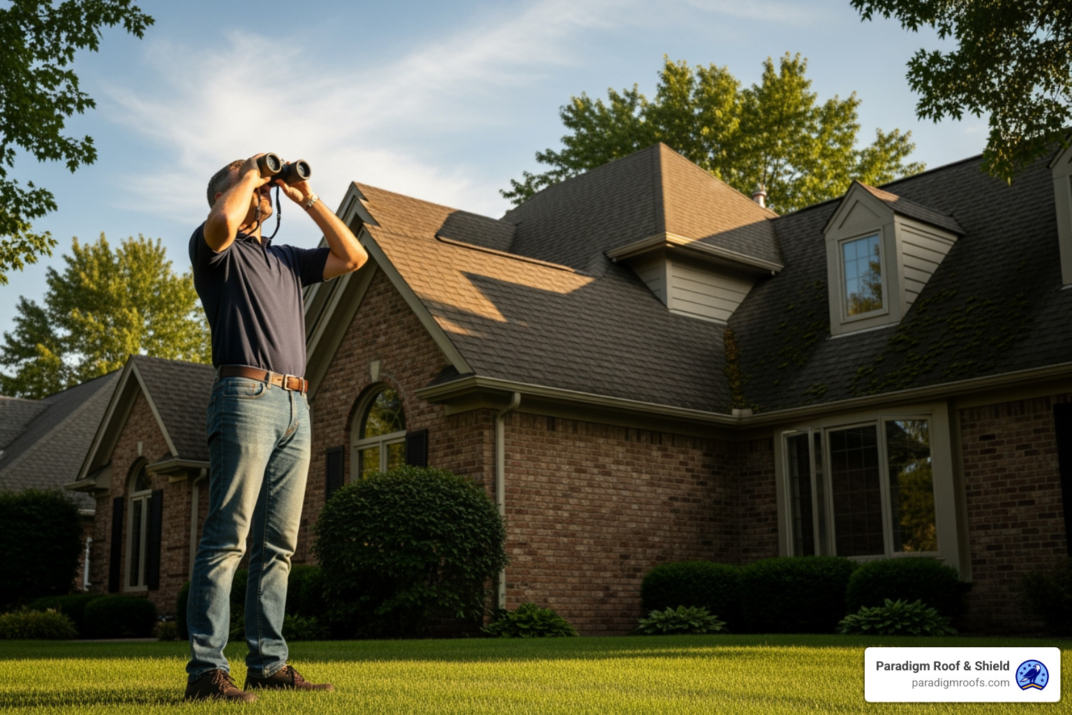 Homeowner inspecting their roof from the ground with binoculars - Reliable roofing contractor Homeowner inspecting their roof from the ground with binoculars - Reliable roofing contractor