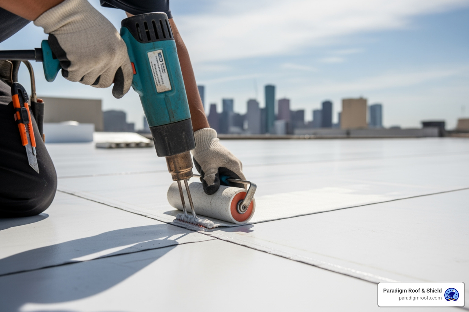 Roofer repairing a TPO commercial roof in Houston, sealing a seam with a heat gun. - commercial roof repair houston Roofer repairing a TPO commercial roof in Houston, sealing a seam with a heat gun. - commercial roof repair houston