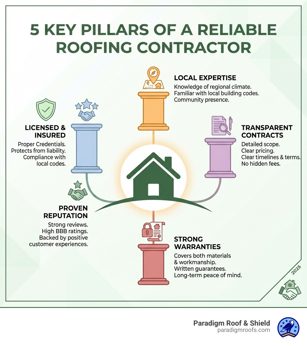 Infographic showing the 5 key pillars of a reliable roofing contractor: Licensed and Insured with proper credentials, Proven Reputation with strong reviews and BBB ratings, Local Expertise with knowledge of regional climate and building codes, Transparent Contracts with detailed scope and pricing, and Strong Warranties covering both materials and workmanship - Reliable roofing contractor infographic Infographic showing the 5 key pillars of a reliable roofing contractor: Licensed and Insured with proper credentials, Proven Reputation with strong reviews and BBB ratings, Local Expertise with knowledge of regional climate and building codes, Transparent Contracts with detailed scope and pricing, and Strong Warranties covering both materials and workmanship - Reliable roofing contractor infographic