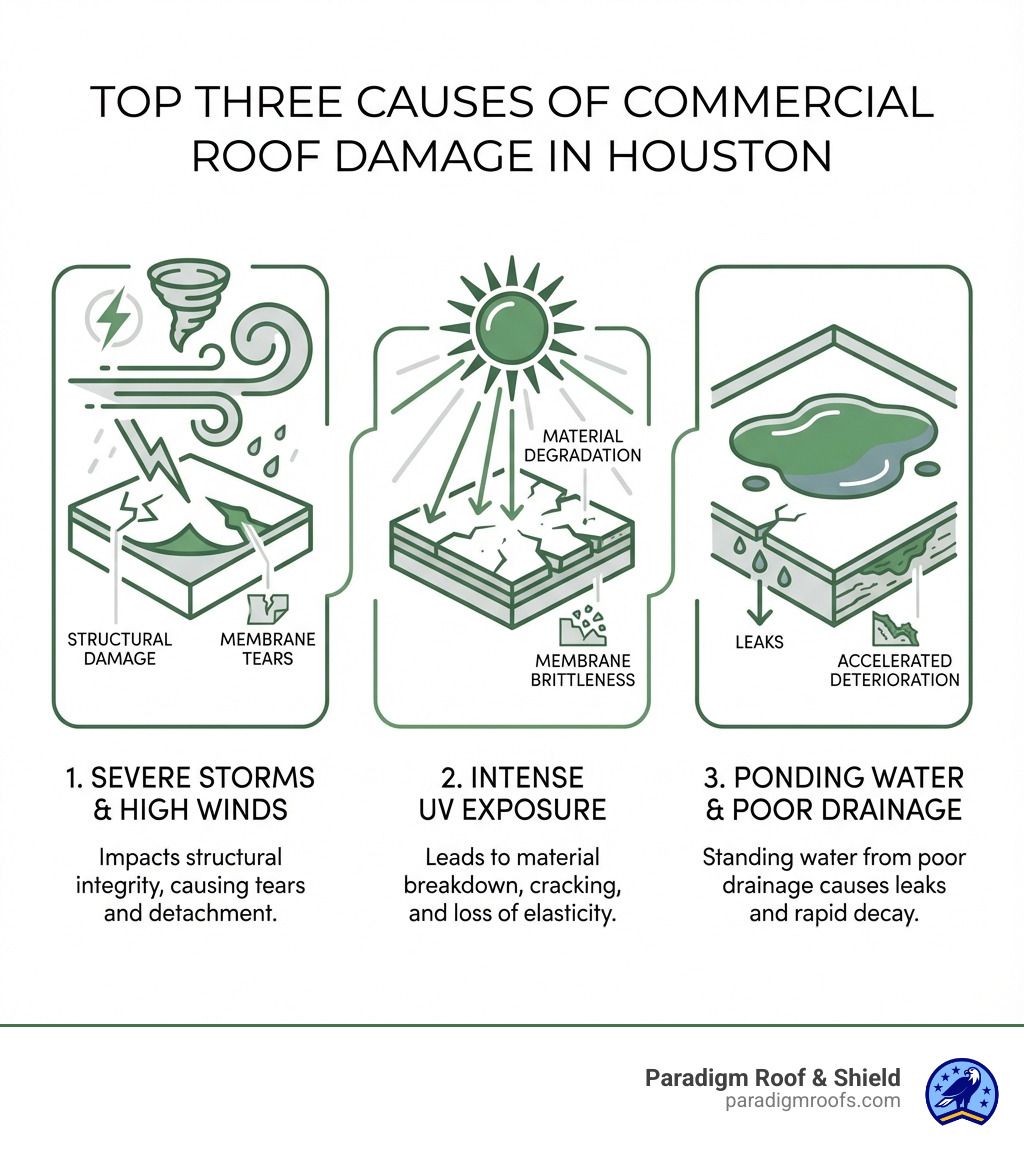 Infographic showing the top three causes of commercial roof damage in Houston: severe storms and high winds causing structural damage and membrane tears, intense UV exposure leading to material degradation and membrane brittleness, and ponding water from poor drainage causing leaks and accelerated deterioration - commercial roof repair houston infographic Infographic showing the top three causes of commercial roof damage in Houston: severe storms and high winds causing structural damage and membrane tears, intense UV exposure leading to material degradation and membrane brittleness, and ponding water from poor drainage causing leaks and accelerated deterioration - commercial roof repair houston infographic