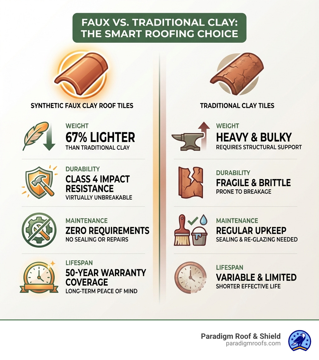 Comparison infographic showing weight, durability, maintenance, and lifespan differences between synthetic faux clay roof tiles and traditional clay tiles, highlighting 67% weight reduction, Class 4 impact resistance, zero maintenance requirements, and 50-year warranty coverage - faux clay roof tiles infographic Comparison infographic showing weight, durability, maintenance, and lifespan differences between synthetic faux clay roof tiles and traditional clay tiles, highlighting 67% weight reduction, Class 4 impact resistance, zero maintenance requirements, and 50-year warranty coverage - faux clay roof tiles infographic