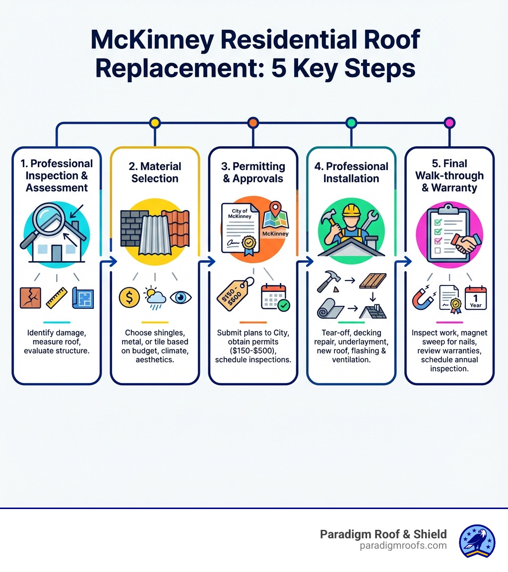 Infographic showing the 5 key steps of a roof replacement project in McKinney: Step 1 - Professional Inspection and Assessment (identify damage, measure roof, evaluate structure); Step 2 - Material Selection (choose shingles, metal, or tile based on budget, climate, and aesthetics); Step 3 - Permitting and Approvals (submit plans to City of McKinney, obtain required permits costing $150-$500, schedule inspections); Step 4 - Professional Installation (tear-off old materials, inspect and repair decking, install underlayment, install new roofing system, install flashing and ventilation); Step 5 - Final Walk-through and Warranty Registration (inspect completed work, perform magnet sweep for nails, review warranties, schedule first annual inspection) - Residential roof replacement McKinney infographic Infographic showing the 5 key steps of a roof replacement project in McKinney: Step 1 - Professional Inspection and Assessment (identify damage, measure roof, evaluate structure); Step 2 - Material Selection (choose shingles, metal, or tile based on budget, climate, and aesthetics); Step 3 - Permitting and Approvals (submit plans to City of McKinney, obtain required permits costing $150-$500, schedule inspections); Step 4 - Professional Installation (tear-off old materials, inspect and repair decking, install underlayment, install new roofing system, install flashing and ventilation); Step 5 - Final Walk-through and Warranty Registration (inspect completed work, perform magnet sweep for nails, review warranties, schedule first annual inspection) - Residential roof replacement McKinney infographic