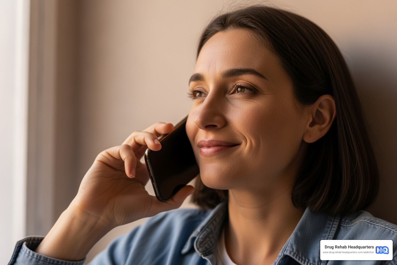 of a person on the phone, looking relieved - Rehab Centers in Florida