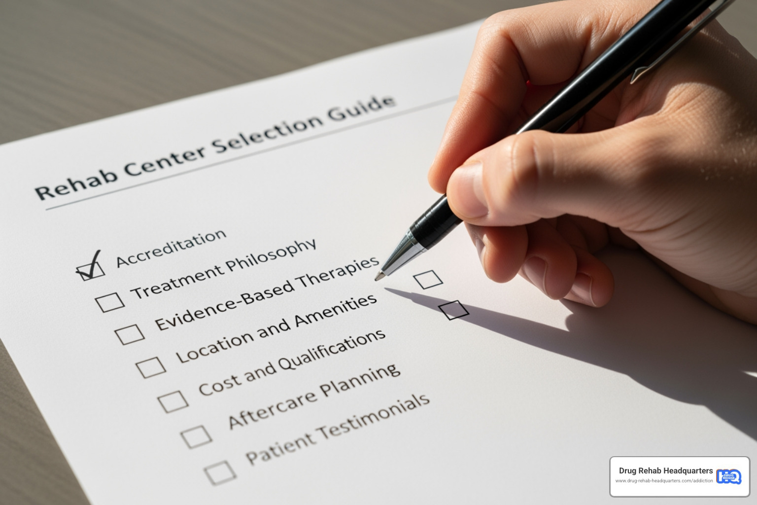 of a checklist with items like "Accreditation" and "Therapy" - Rehab Centers in Florida