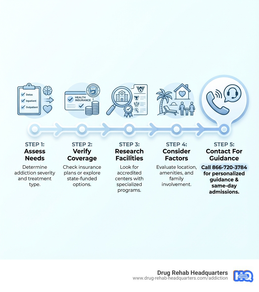 Infographic showing the Florida rehab selection process: Step 1 - Assess your addiction severity and treatment needs (detox, inpatient, or outpatient); Step 2 - Verify insurance coverage or explore state-funded options; Step 3 - Research accredited facilities with specialized programs; Step 4 - Consider location, amenities, and family involvement; Step 5 - Contact Drug Rehab Headquarters at 866-720-3784 for personalized guidance and same-day admissions - Rehab Centers in Florida infographic 