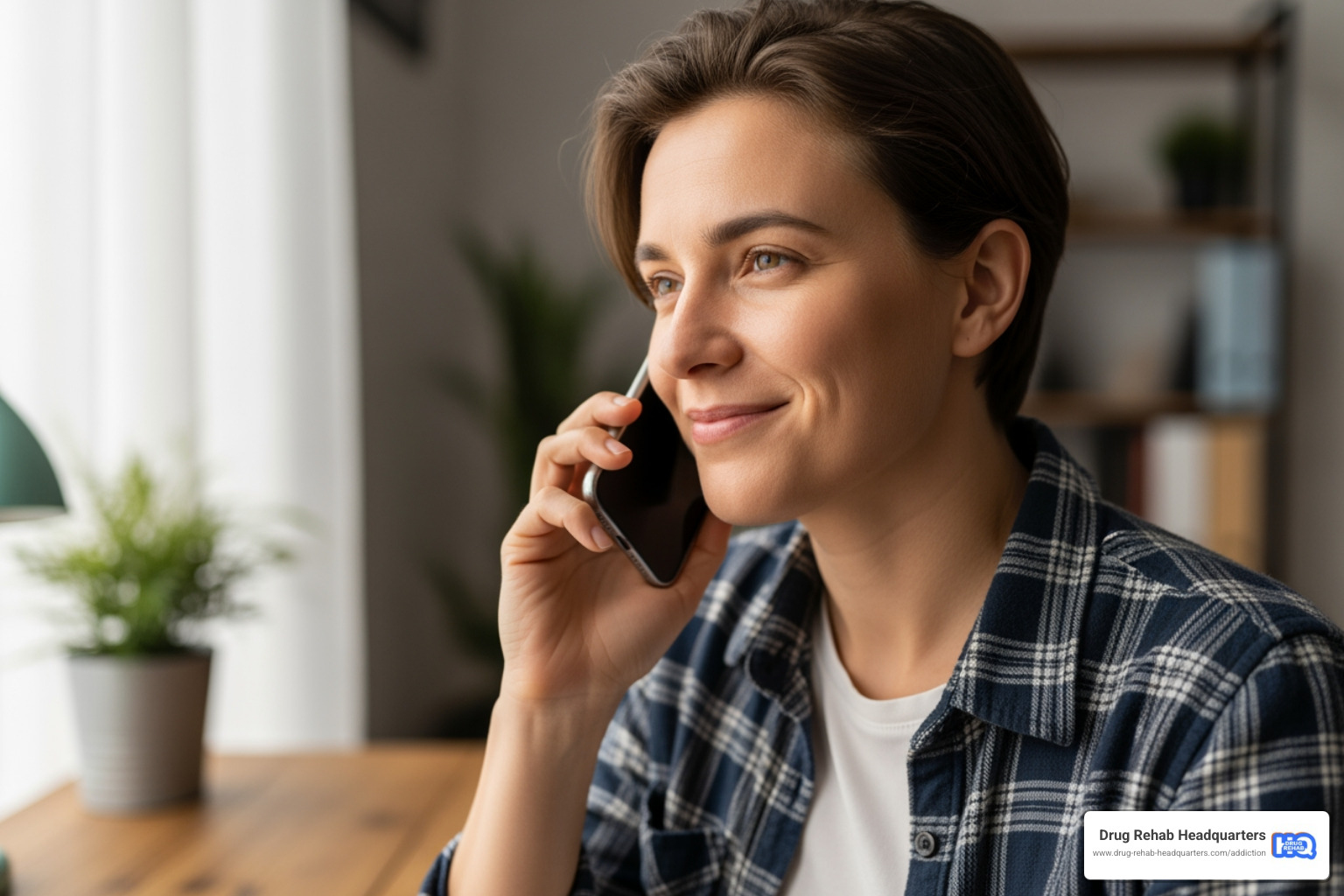 Person on the phone looking relieved - drug recovery centers in florida