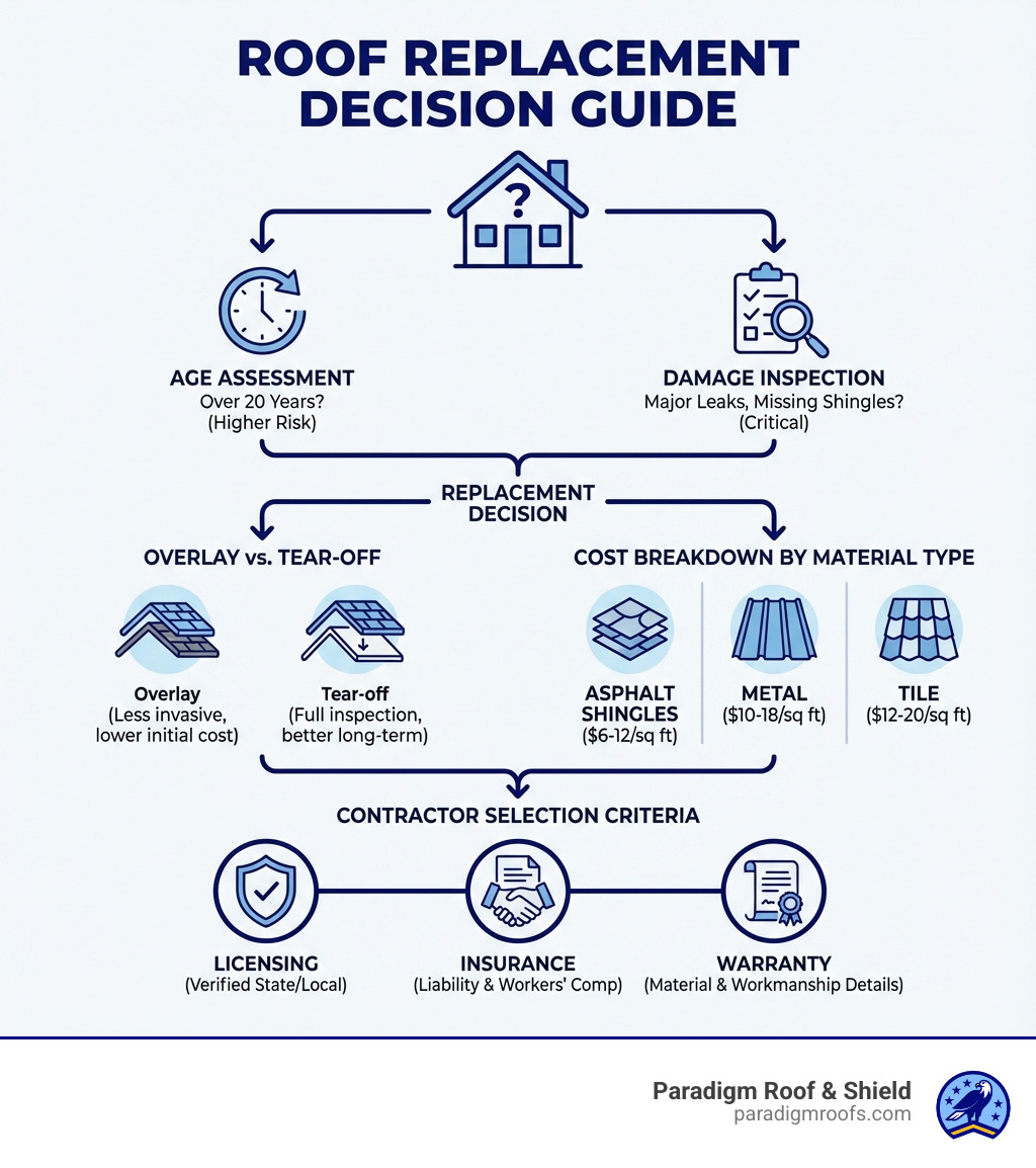 Infographic showing roof replacement decision tree: age assessment, damage inspection checklist, cost breakdown by material type (asphalt shingles $6-12/sq ft, metal $10-18/sq ft, tile $12-20/sq ft), overlay vs tear-off comparison, and contractor selection criteria including licensing, insurance, and warranty details - roof replacement infographic Infographic showing roof replacement decision tree: age assessment, damage inspection checklist, cost breakdown by material type (asphalt shingles $6-12/sq ft, metal $10-18/sq ft, tile $12-20/sq ft), overlay vs tear-off comparison, and contractor selection criteria including licensing, insurance, and warranty details - roof replacement infographic