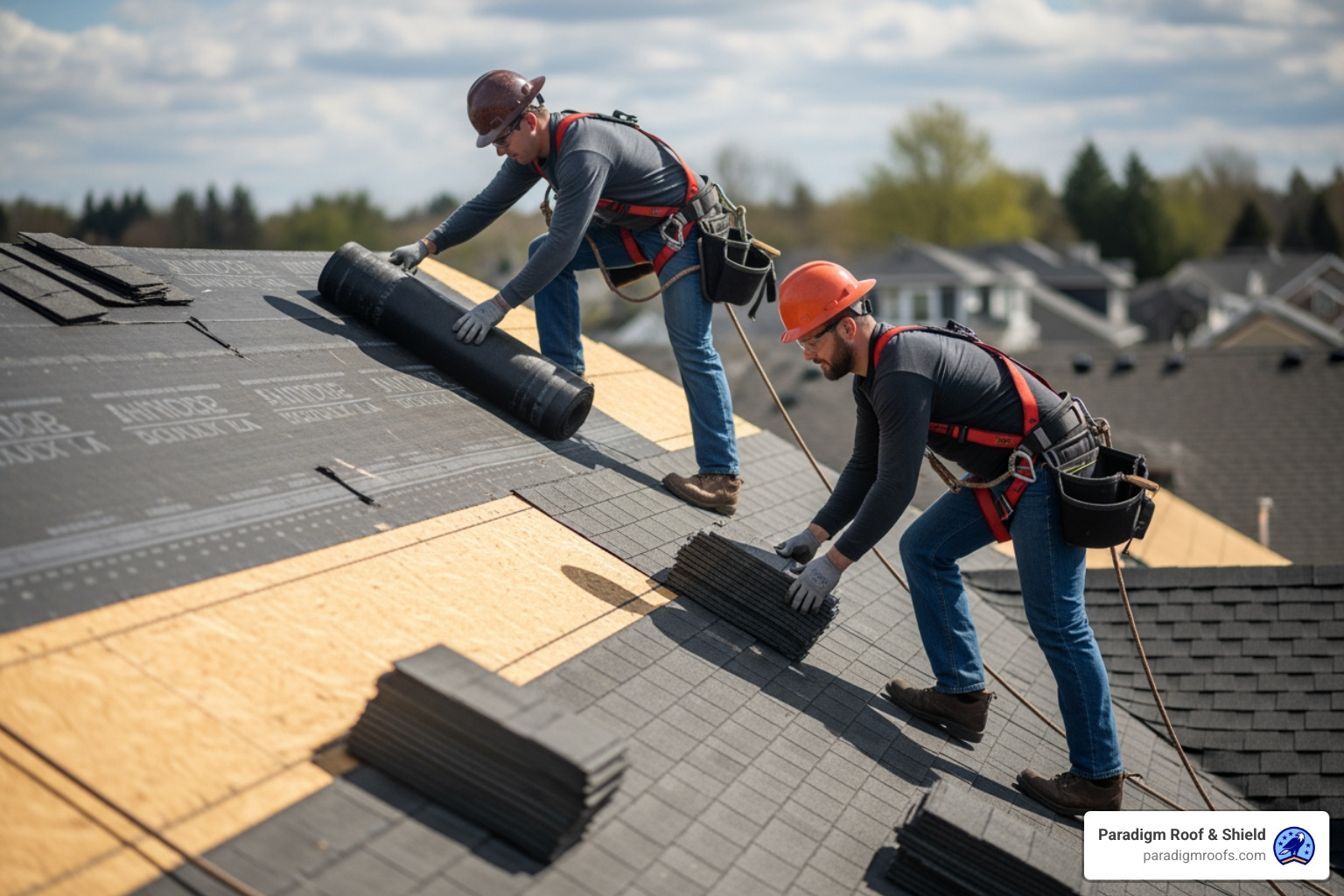 Professional roofing crew of 2 installing underlayment and new shingles with safety gear - roof replacement Professional roofing crew of 2 installing underlayment and new shingles with safety gear - roof replacement