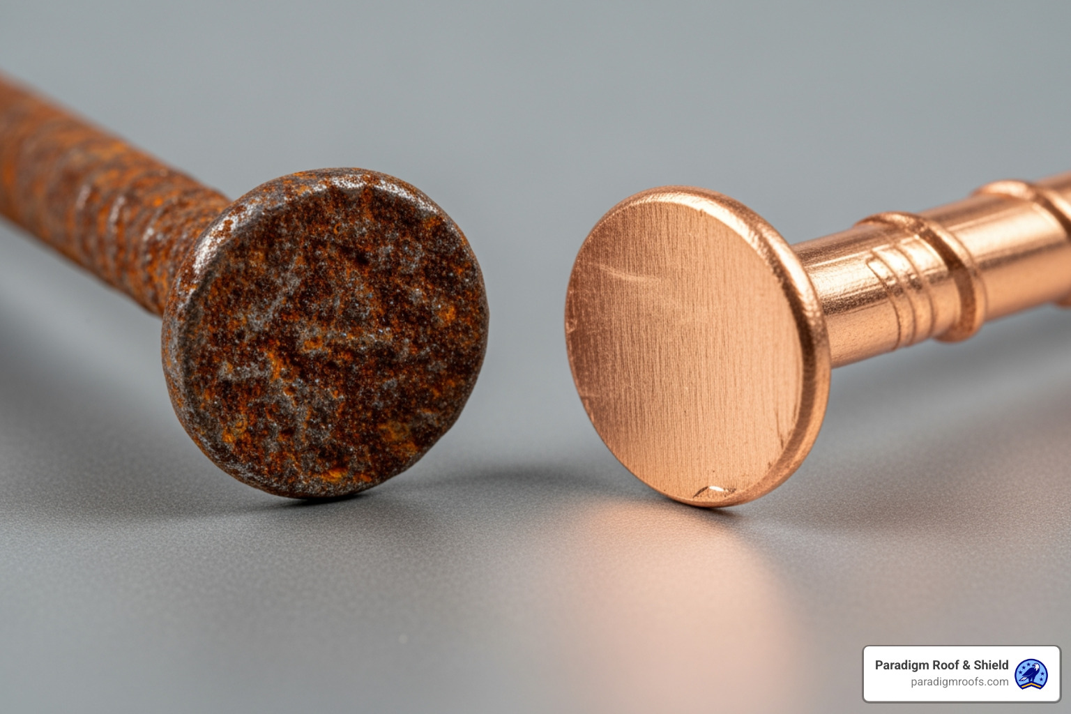 corroded iron nail next to a new copper slating nail - loose slates on roof corroded iron nail next to a new copper slating nail - loose slates on roof