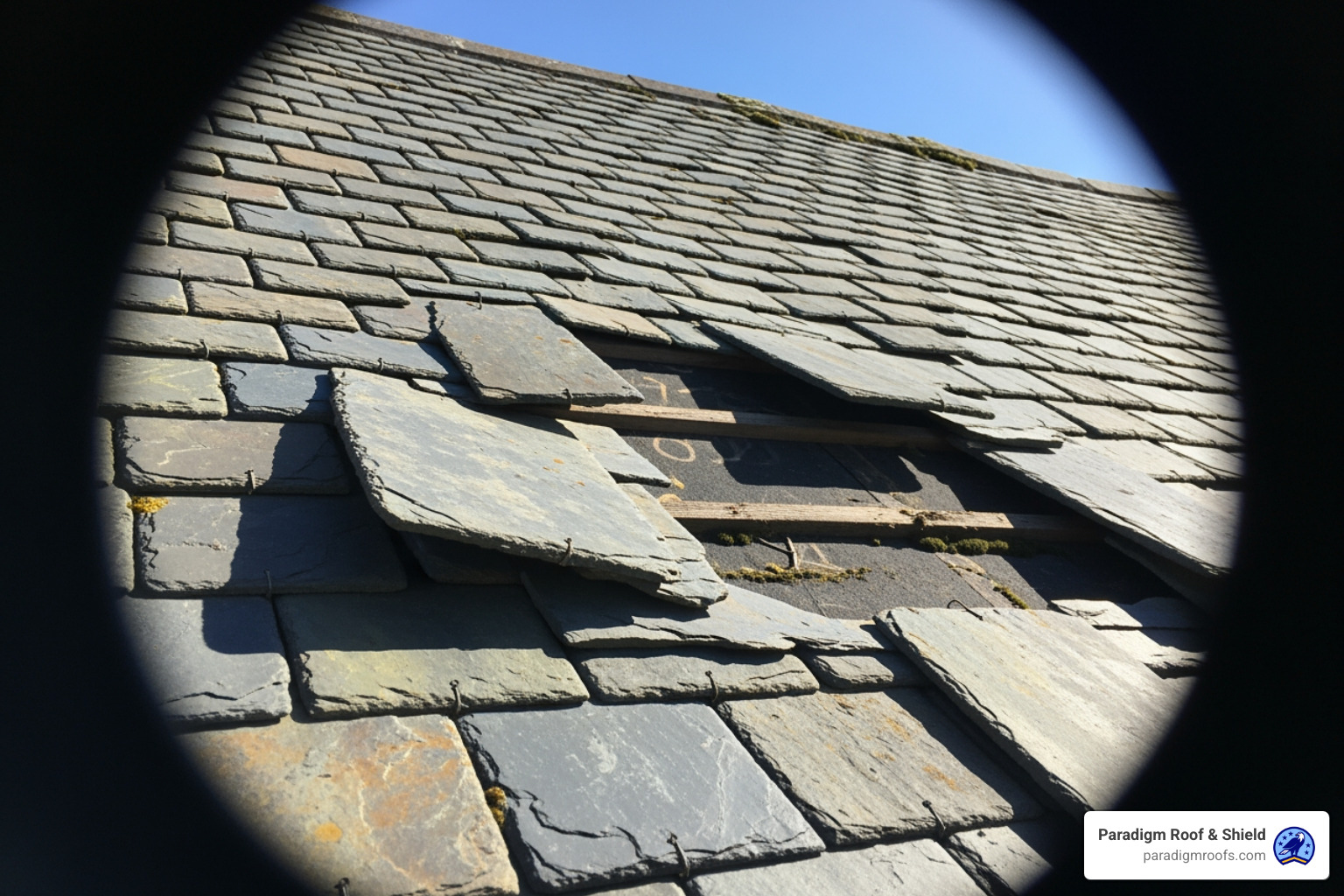 roof with visibly slipped and misaligned slates, viewed from the ground with binoculars - loose slates on roof roof with visibly slipped and misaligned slates, viewed from the ground with binoculars - loose slates on roof