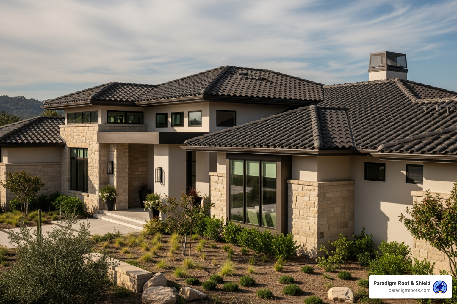 modern home with a sleek, dark-colored barrel tile roof - barrel tile modern home with a sleek, dark-colored barrel tile roof - barrel tile