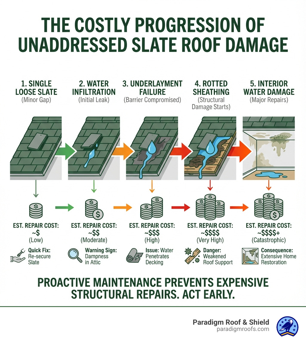 infographic showing the progression of slate roof damage from a single loose slate to water infiltration, underlayment failure, rotted sheathing, and interior water damage, with cost estimates at each stage - loose slates on roof infographic infographic showing the progression of slate roof damage from a single loose slate to water infiltration, underlayment failure, rotted sheathing, and interior water damage, with cost estimates at each stage - loose slates on roof infographic