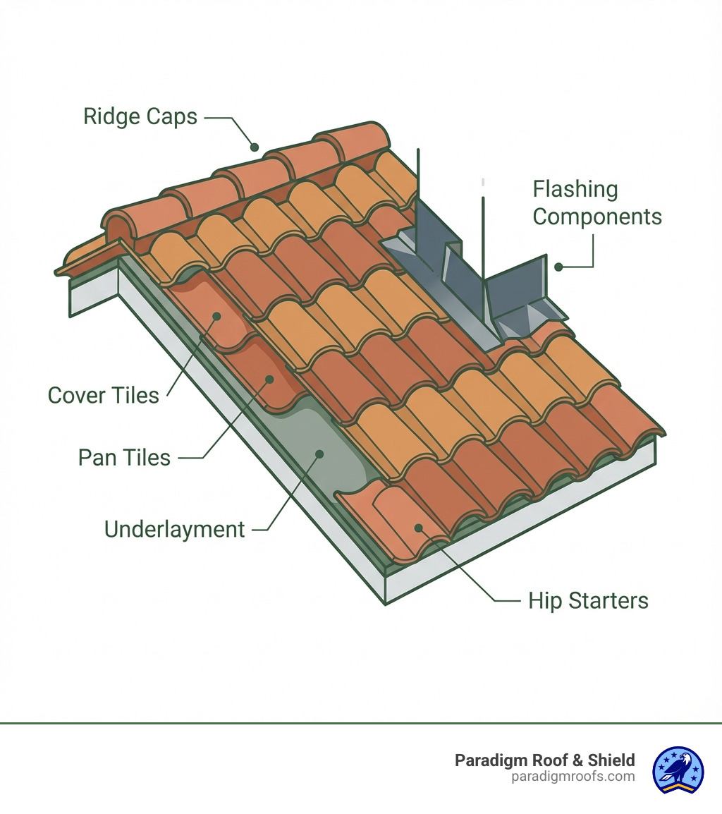 Anatomy of a barrel tile roof system showing pan tiles, cover tiles, underlayment, flashing components, ridge caps, and hip starters with labels for each element - barrel tile infographic Anatomy of a barrel tile roof system showing pan tiles, cover tiles, underlayment, flashing components, ridge caps, and hip starters with labels for each element - barrel tile infographic