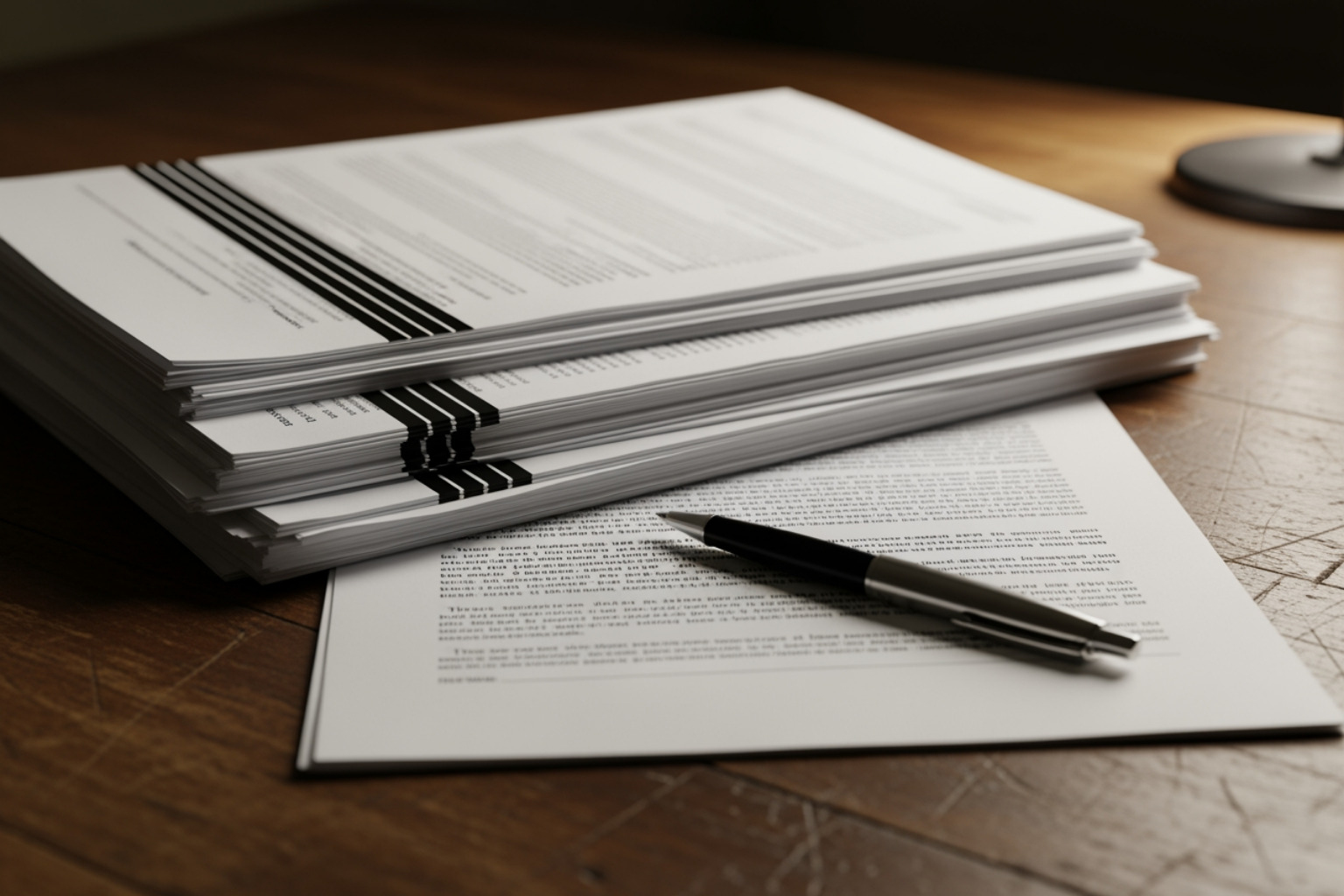 A stack of redacted legal documents on a worn wooden desk, with a pen resting beside them - Personal injury court process