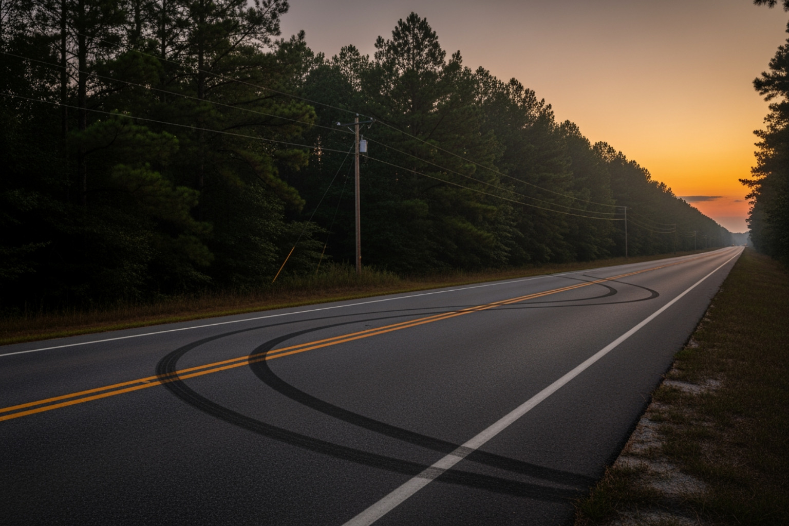 A deserted two-lane Georgia road at dusk after an accident, with faint tire marks on the asphalt - Personal injury court process