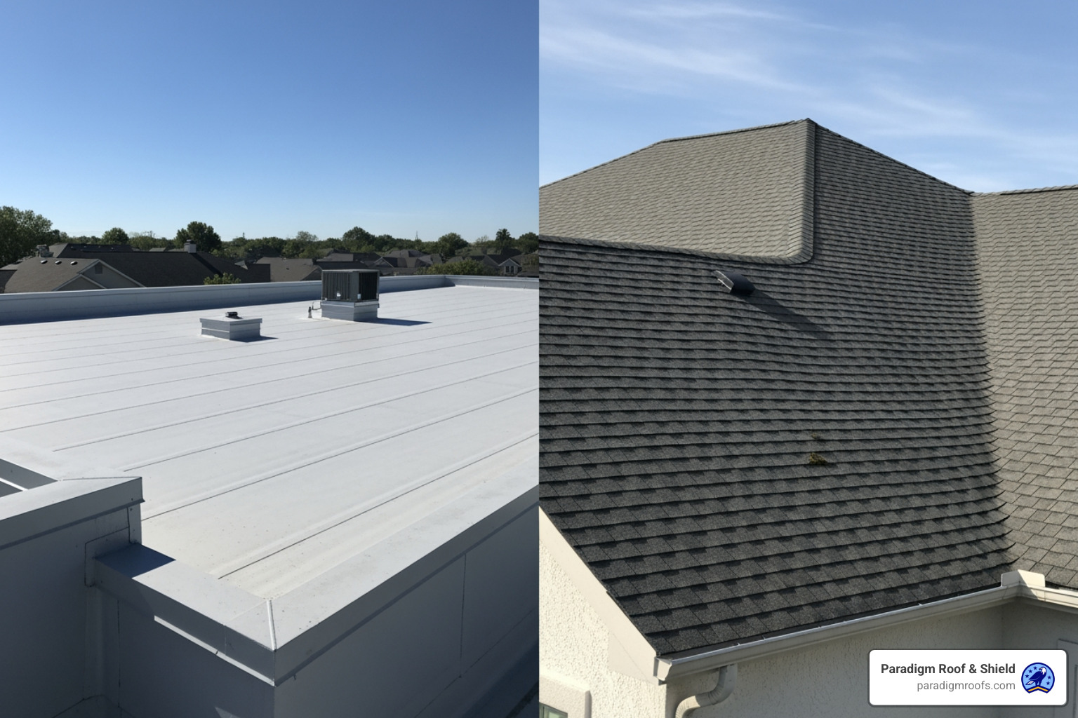 split view TPO flat roof and asphalt shingle roof residential - tpo roofing residential split view TPO flat roof and asphalt shingle roof residential - tpo roofing residential