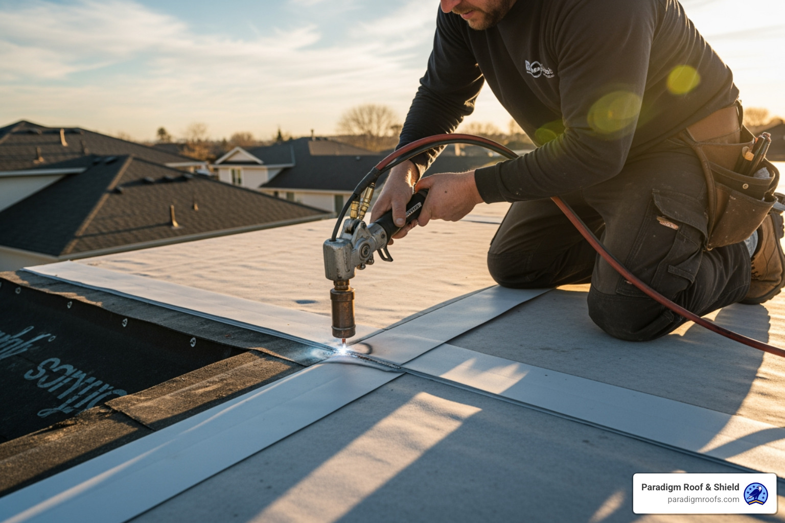 roofing professional using a hot-air welder on a TPO seam - tpo roofing residential roofing professional using a hot-air welder on a TPO seam - tpo roofing residential