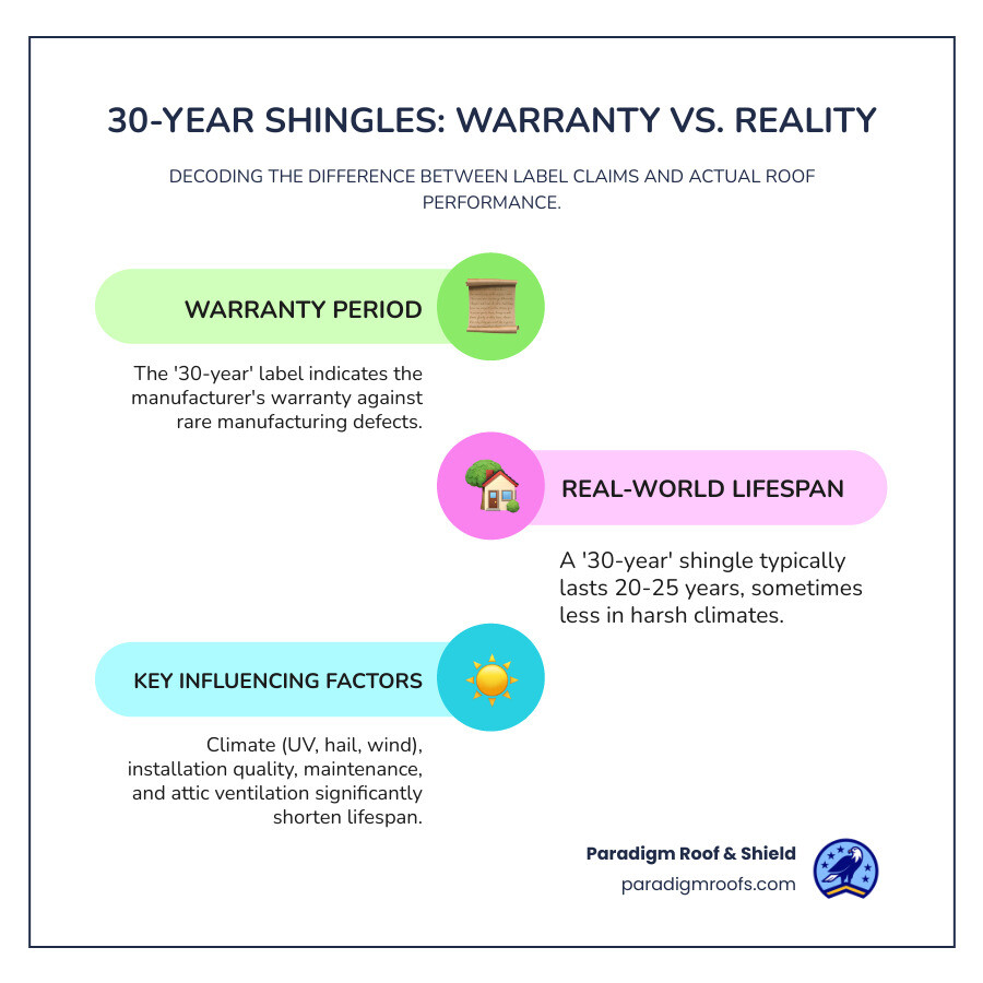 Infographic comparing warranty period vs actual lifespan of 30 year shingles, showing typical 30-year warranty coverage versus real-world 20-25 year lifespan, with key factors affecting longevity including climate, installation quality, maintenance, and ventilation - 30 year shingles infographic infographic-line-3-steps-colors Infographic comparing warranty period vs actual lifespan of 30 year shingles, showing typical 30-year warranty coverage versus real-world 20-25 year lifespan, with key factors affecting longevity including climate, installation quality, maintenance, and ventilation - 30 year shingles infographic infographic-line-3-steps-colors