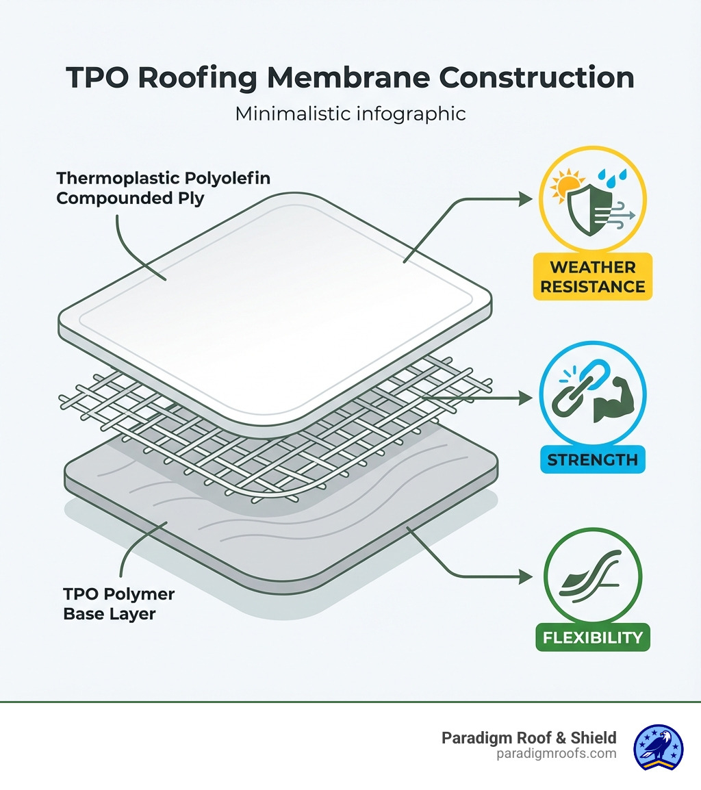 infographic showing TPO membrane construction with three distinct layers: bottom TPO polymer base layer in light gray, middle polyester-reinforced scrim fabric layer shown as a mesh pattern, and top thermoplastic polyolefin compounded ply in white, with labels indicating flexibility, strength, and weather resistance properties - tpo roofing residential infographic infographic showing TPO membrane construction with three distinct layers: bottom TPO polymer base layer in light gray, middle polyester-reinforced scrim fabric layer shown as a mesh pattern, and top thermoplastic polyolefin compounded ply in white, with labels indicating flexibility, strength, and weather resistance properties - tpo roofing residential infographic