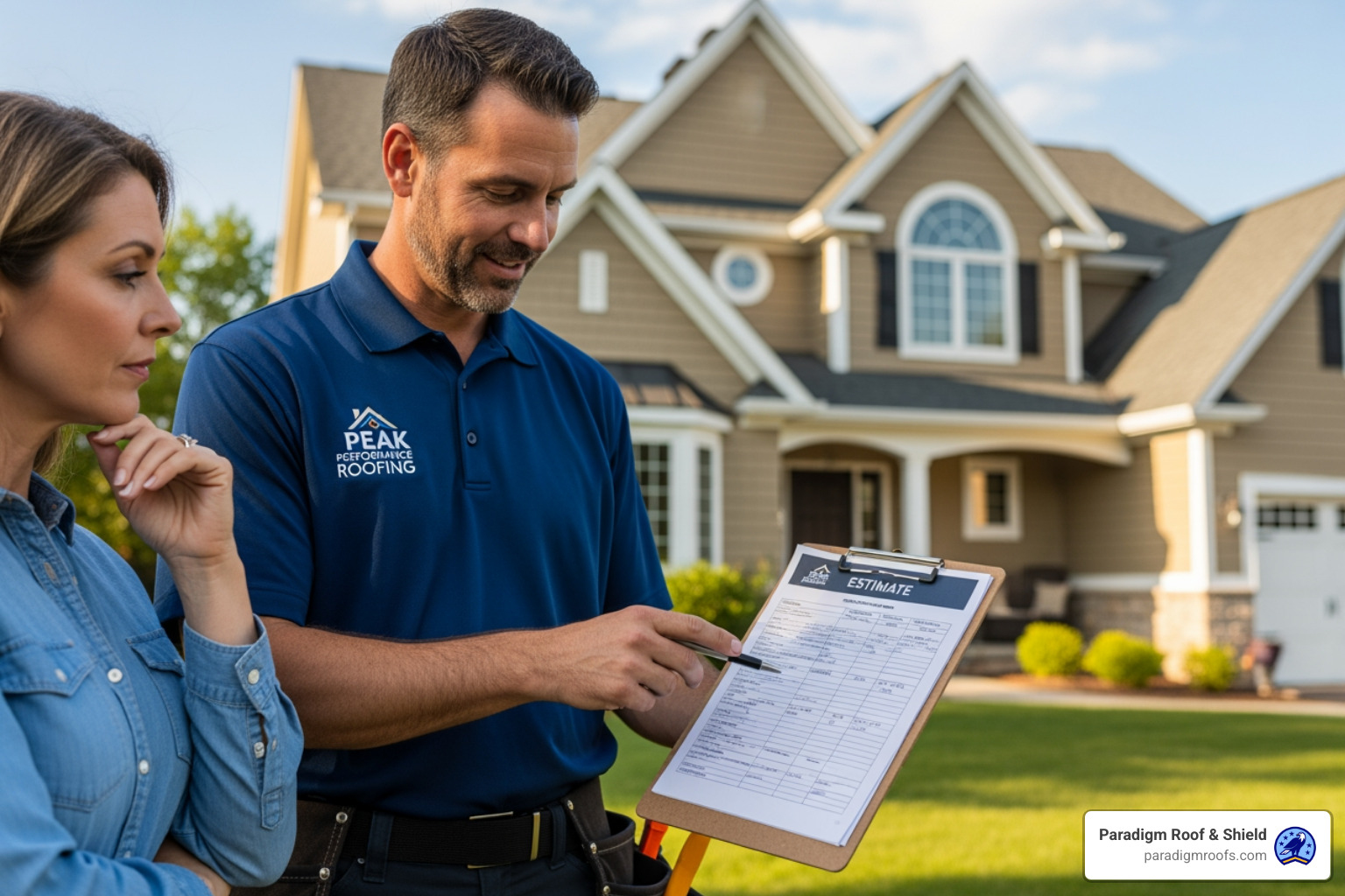 professional roofer from Paradigm Roof & Shield providing a written estimate to a homeowner - roof repair services mckinney tx professional roofer from Paradigm Roof & Shield providing a written estimate to a homeowner - roof repair services mckinney tx