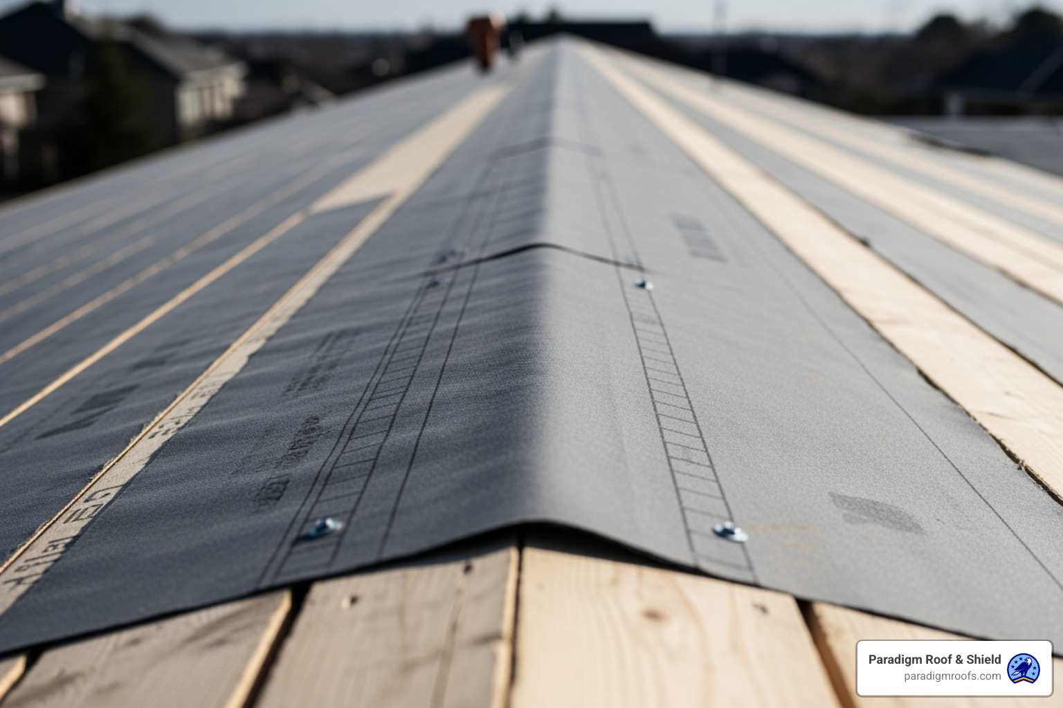 Clean roof deck with properly installed synthetic underlayment - metal roof installation Clean roof deck with properly installed synthetic underlayment - metal roof installation