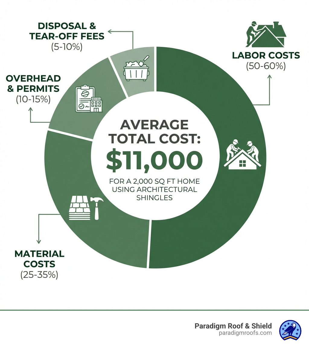 Infographic showing roof cost estimate breakdown: 50-60% labor costs, 25-35% material costs, 10-15% overhead and permits, 5-10% disposal and tear-off fees, with average total cost of $11,000 for a 2,000 sq ft home using architectural shingles - roof cost estimate infographic Infographic showing roof cost estimate breakdown: 50-60% labor costs, 25-35% material costs, 10-15% overhead and permits, 5-10% disposal and tear-off fees, with average total cost of $11,000 for a 2,000 sq ft home using architectural shingles - roof cost estimate infographic