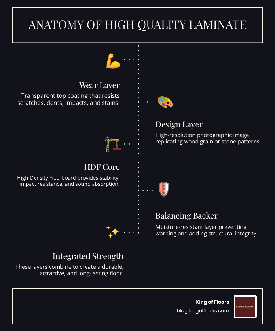 infographic showing four layers of laminate construction: wear layer, design layer, HDF core, and backing layer - High quality laminate infographic infographic-line-5-steps-dark
