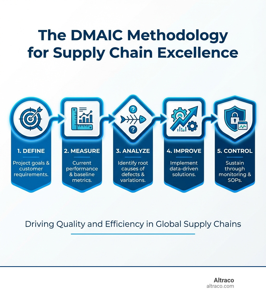 Infographic showing the five phases of DMAIC: Define project goals and customer requirements, Measure current process performance and establish baseline metrics, Analyze data to identify root causes of defects and variations, Improve processes by implementing data-driven solutions, Control sustain improvements through monitoring systems and standard operating procedures - six sigma in supply chain management infographic 