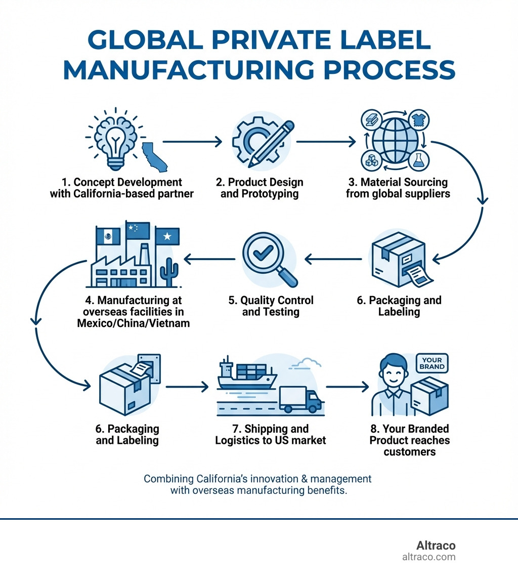Infographic showing the private label manufacturing process: 1. Concept Development with California-based partner, 2. Product Design and Prototyping, 3. Material Sourcing from global suppliers, 4. Manufacturing at overseas facilities in Mexico/China/Vietnam, 5. Quality Control and Testing, 6. Packaging and Labeling, 7. Shipping and Logistics to US market, 8. Your Branded Product reaches customers - private label manufacturers in California infographic Infographic showing the private label manufacturing process: 1. Concept Development with California-based partner, 2. Product Design and Prototyping, 3. Material Sourcing from global suppliers, 4. Manufacturing at overseas facilities in Mexico/China/Vietnam, 5. Quality Control and Testing, 6. Packaging and Labeling, 7. Shipping and Logistics to US market, 8. Your Branded Product reaches customers - private label manufacturers in California infographic