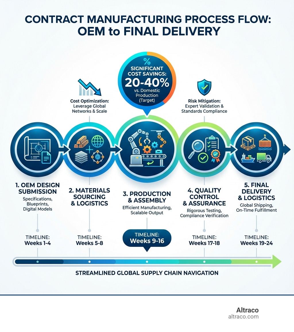 infographic showing contract manufacturing process flow from OEM design submission through materials sourcing, production, quality control, to final delivery with cost savings percentages and timeline indicators - Contract Manufacturing Services infographic 