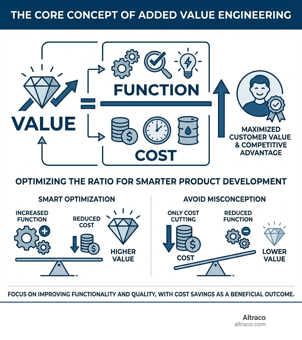 infographic explaining the core concept of Value = Function / Cost - added value engineering infographic 
