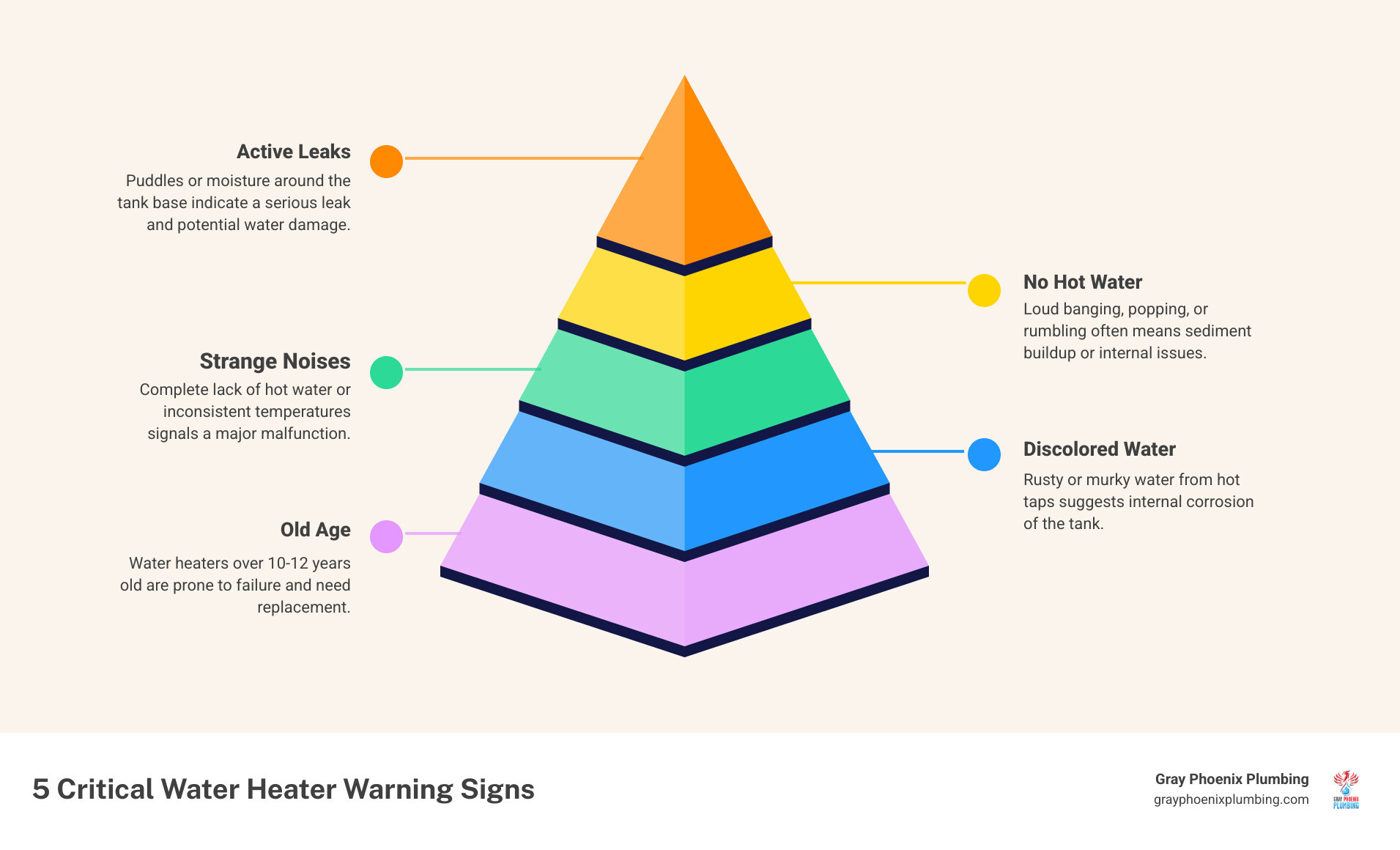 Infographic showing 5 critical warning signs your water heater needs immediate repair: 1. No hot water or only lukewarm temperatures, 2. Puddles or moisture around the tank base, 3. Rusty or discolored water from hot taps, 4. Loud banging, popping, or rumbling noises, 5. Water heater age exceeding 10-12 years - plumber same day water heater repair denver infographic pyramid-hierarchy-5-steps
