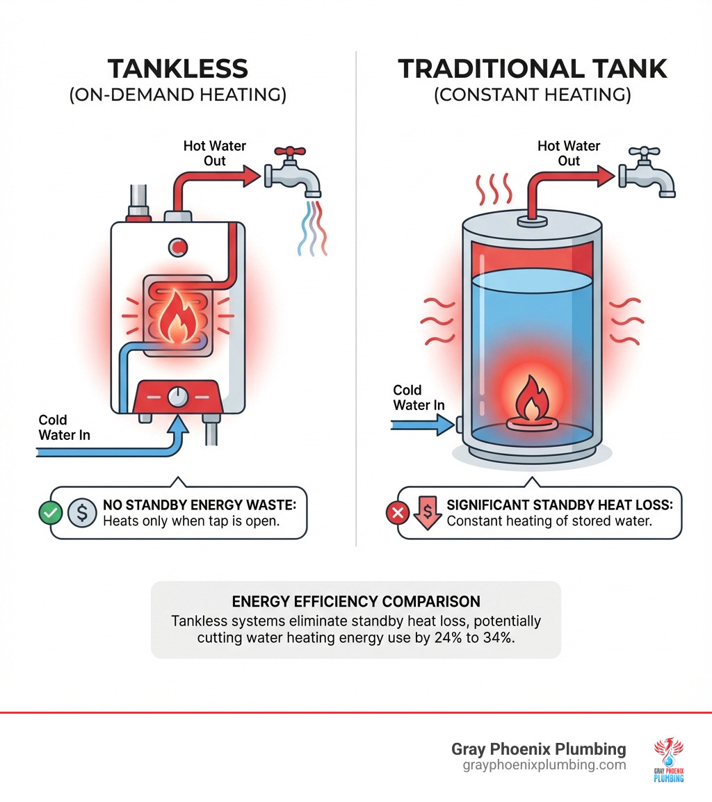 Infographic comparing tankless water heater operation showing on-demand heating with cold water entering, heat exchanger activating only when tap is open, versus traditional tank heater with constant heating of stored water, highlighting energy waste from standby heat loss - tankless hot water installation cost infographic Infographic comparing tankless water heater operation showing on-demand heating with cold water entering, heat exchanger activating only when tap is open, versus traditional tank heater with constant heating of stored water, highlighting energy waste from standby heat loss - tankless hot water installation cost infographic