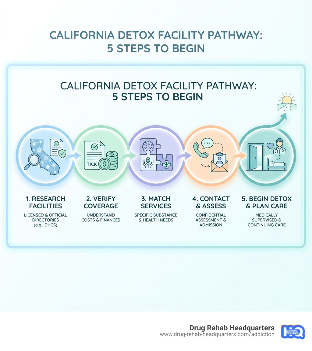 Infographic showing the 5-step process to find and enter a California detox facility: Step 1 - Research licensed facilities using DHCS database and official directories; Step 2 - Verify insurance coverage and understand costs; Step 3 - Match facility services to your specific substance and health needs; Step 4 - Contact facilities for confidential assessment and admission; Step 5 - Complete intake, begin medically supervised detox, and plan for continuing care - detox facility california infographic brainstorm-6-items Infographic showing the 5-step process to find and enter a California detox facility: Step 1 - Research licensed facilities using DHCS database and official directories; Step 2 - Verify insurance coverage and understand costs; Step 3 - Match facility services to your specific substance and health needs; Step 4 - Contact facilities for confidential assessment and admission; Step 5 - Complete intake, begin medically supervised detox, and plan for continuing care - detox facility california infographic brainstorm-6-items