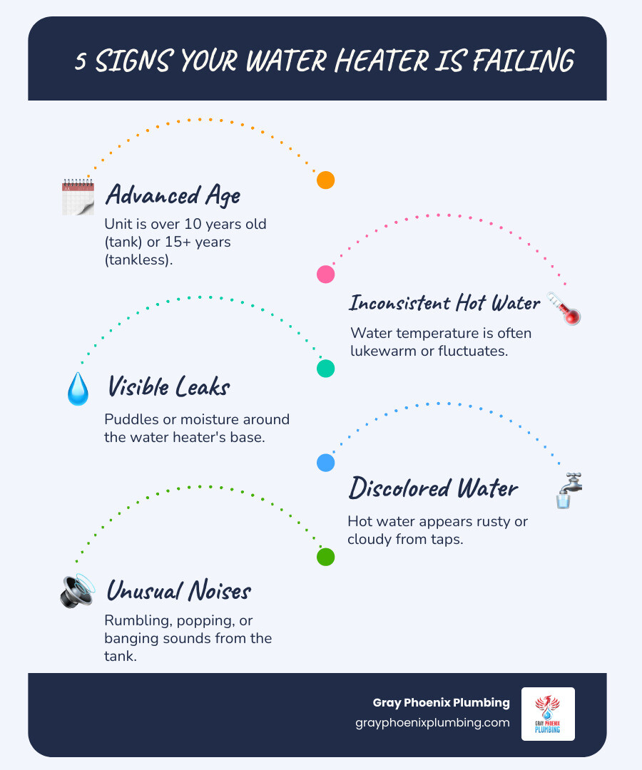 Infographic showing the top 5 signs your water heater is failing: 1) Age over 10 years, 2) Inconsistent or lukewarm water temperature, 3) Visible leaks or pooling water around the base, 4) Rusty or discolored water from hot taps, 5) Strange rumbling, popping, or banging noises from the tank - water heater replacement denver co infographic infographic-line-5-steps-blues-accent_colors Infographic showing the top 5 signs your water heater is failing: 1) Age over 10 years, 2) Inconsistent or lukewarm water temperature, 3) Visible leaks or pooling water around the base, 4) Rusty or discolored water from hot taps, 5) Strange rumbling, popping, or banging noises from the tank - water heater replacement denver co infographic infographic-line-5-steps-blues-accent_colors