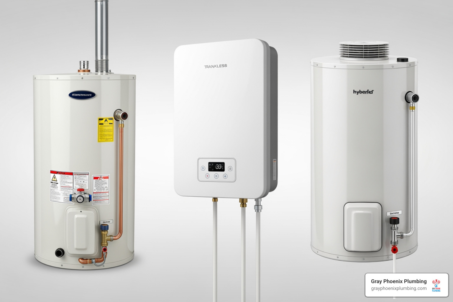 A visual comparison of a conventional tank water heater, a compact tankless unit, and a modern hybrid electric water heater - water heater replacement denver co A visual comparison of a conventional tank water heater, a compact tankless unit, and a modern hybrid electric water heater - water heater replacement denver co