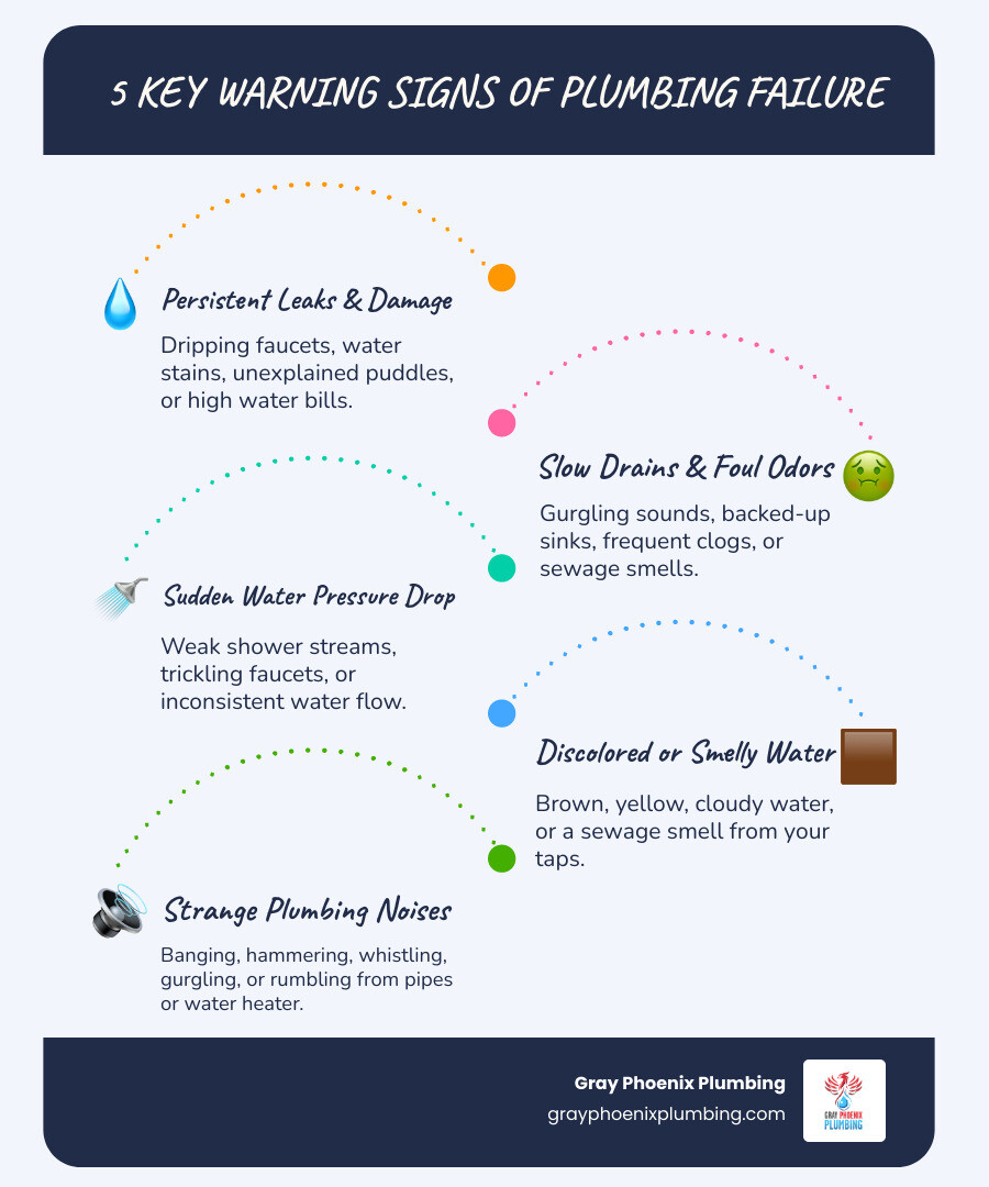 Infographic showing 5 warning signs of plumbing failure: persistent leaks with water damage, slow drains with foul odors, sudden water pressure drop, discolored or smelly water, and strange noises from pipes or water heater - Plumbing Repair Denver infographic infographic-line-5-steps-blues-accent_colors Infographic showing 5 warning signs of plumbing failure: persistent leaks with water damage, slow drains with foul odors, sudden water pressure drop, discolored or smelly water, and strange noises from pipes or water heater - Plumbing Repair Denver infographic infographic-line-5-steps-blues-accent_colors