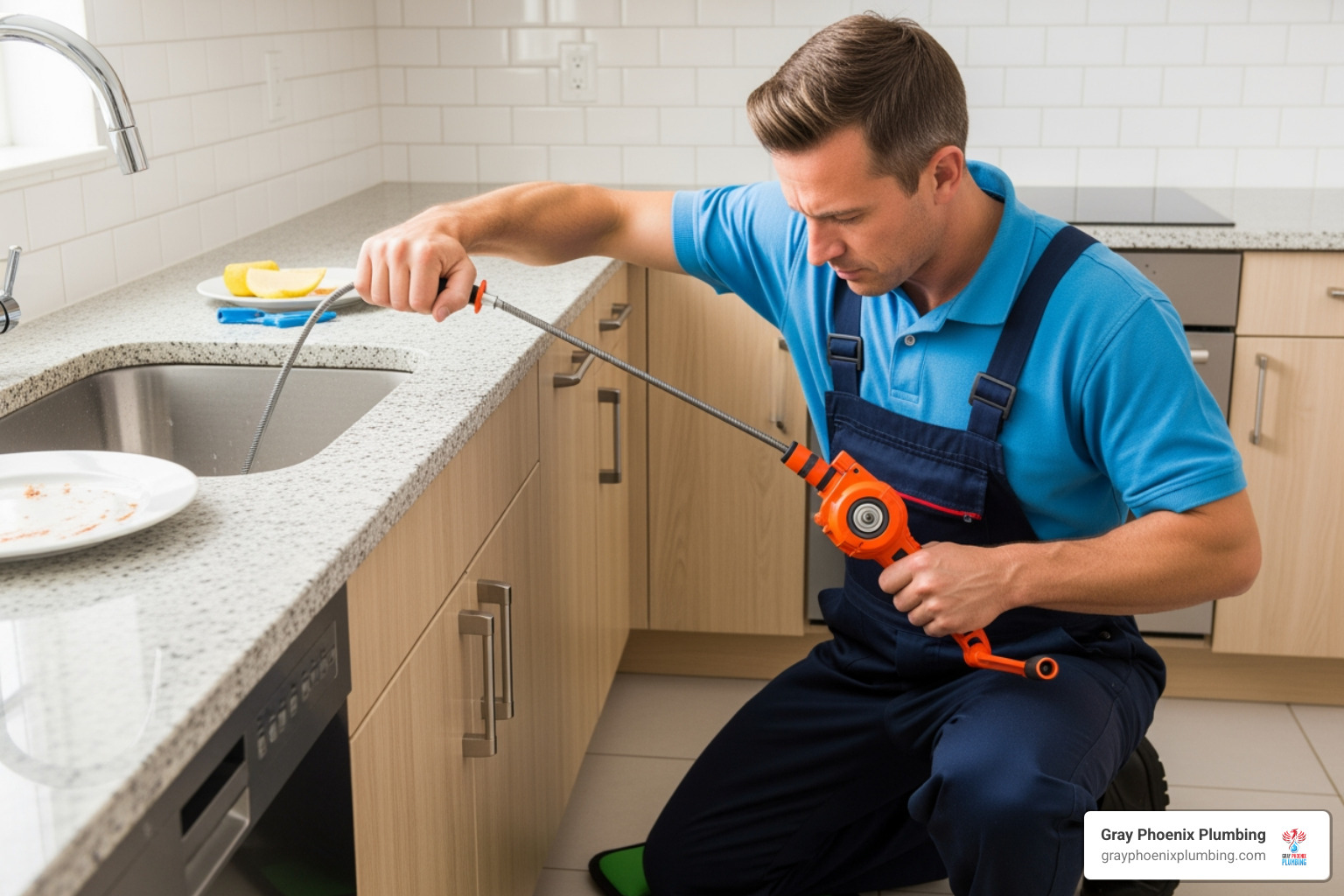 Plumber using a drain snake on a kitchen sink - Plumbing Repair Denver Plumber using a drain snake on a kitchen sink - Plumbing Repair Denver