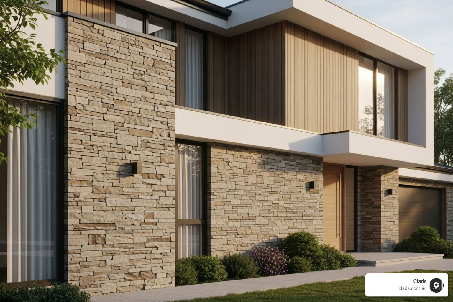 Beautiful modern house combining natural stacked stone and horizontal timber strip wall cladding exterior for a sophisticated facade. Beautiful modern house combining natural stacked stone and horizontal timber strip wall cladding exterior for a sophisticated facade.
