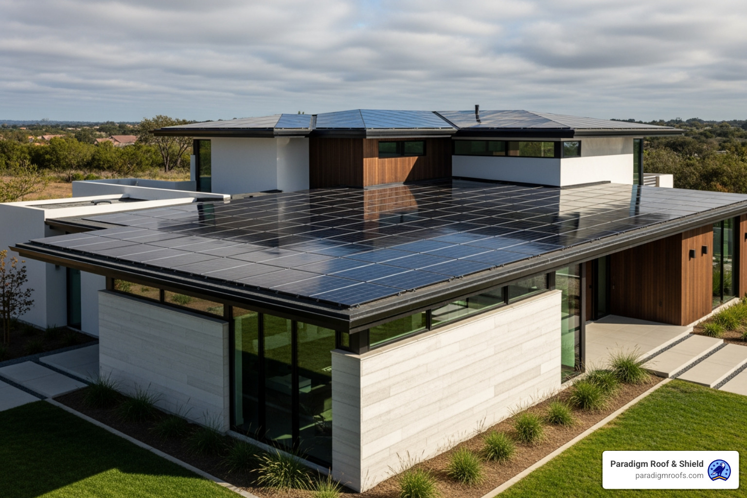 Tesla Solar Roof seamlessly integrated into a modern home’s architecture, showing a clean, uniform look - Modern roofing solutions Tesla Solar Roof seamlessly integrated into a modern home’s architecture, showing a clean, uniform look - Modern roofing solutions