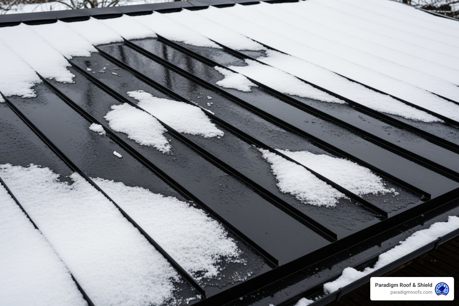A black metal roof covered in a thin layer of snow, with some areas already melted due to heat absorption - black roof coating for metal roof A black metal roof covered in a thin layer of snow, with some areas already melted due to heat absorption - black roof coating for metal roof