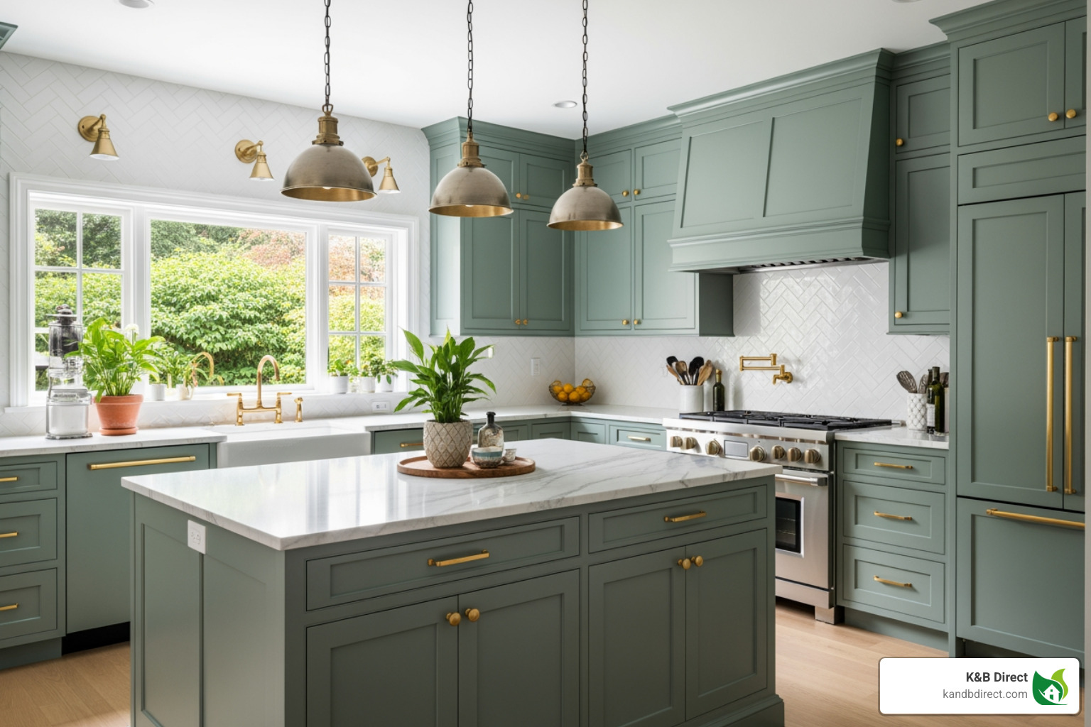 image showcasing a kitchen with on-trend green shaker cabinets and gold hardware. - Kitchen cabinets Addison IL image showcasing a kitchen with on-trend green shaker cabinets and gold hardware. - Kitchen cabinets Addison IL
