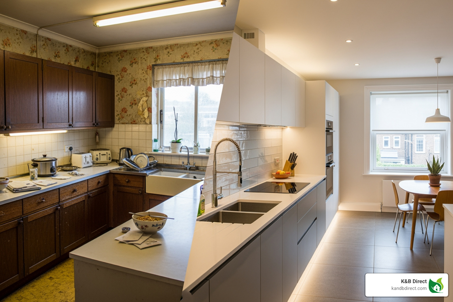 image of a before-and-after kitchen renovation showcasing improved layout and style. - Kitchen cabinets Addison IL image of a before-and-after kitchen renovation showcasing improved layout and style. - Kitchen cabinets Addison IL