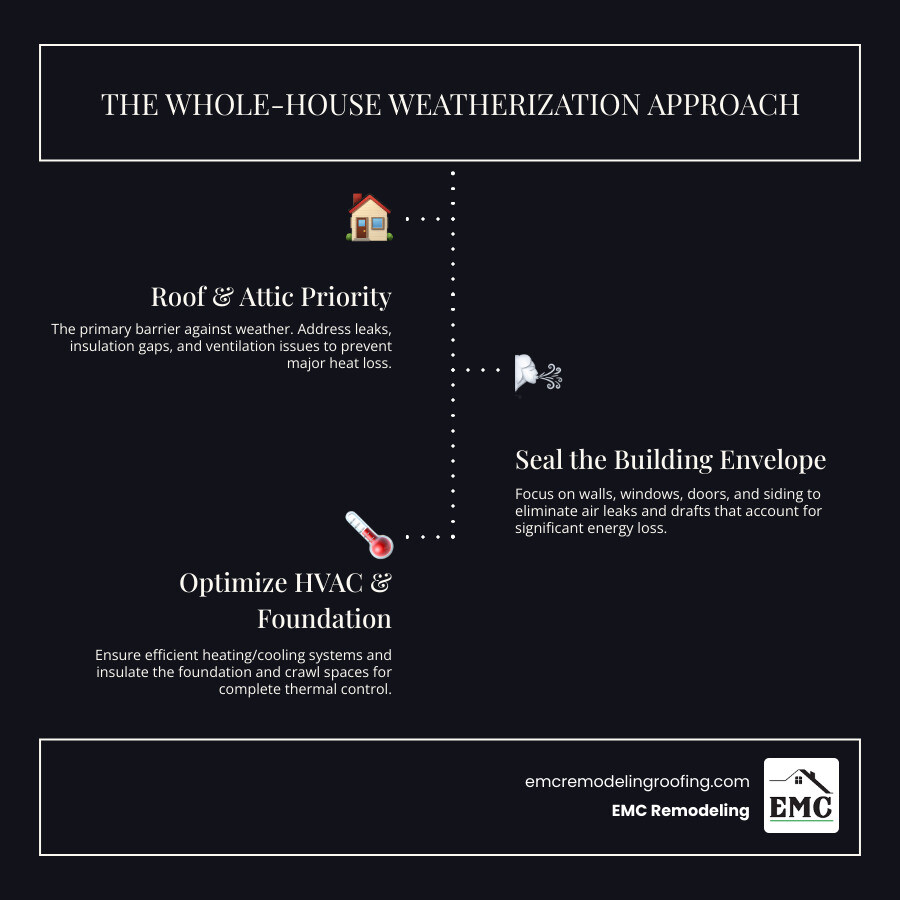 Infographic showing the whole-house weatherization approach: a cross-section of a home highlighting the roof and attic as the top priority, followed by walls, windows, doors, HVAC systems, and foundation insulation, with arrows indicating how air leaks and heat loss occur at each point - weatherization infographic infographic-line-3-steps-dark