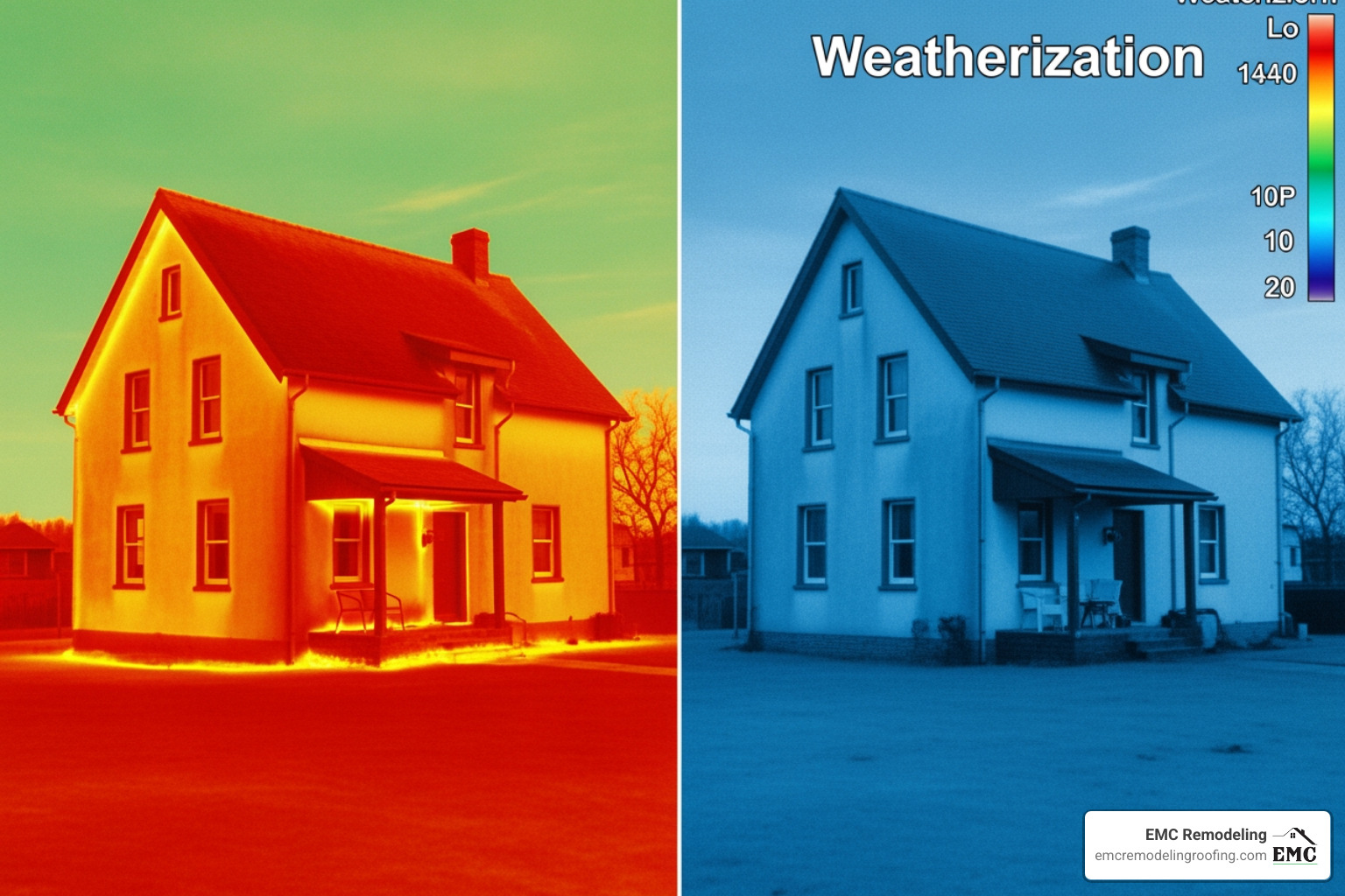 Thermal camera image showing areas of heat loss (red/yellow) in a home before weatherization and reduced heat loss (blue/green) after weatherization - weatherization